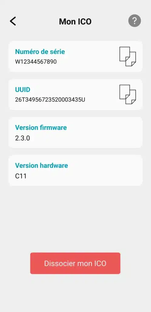 Image qui montre une des sections paramètres ou l'on trouve le numéro de série de ICO, UUID, et la version firmware et hardware