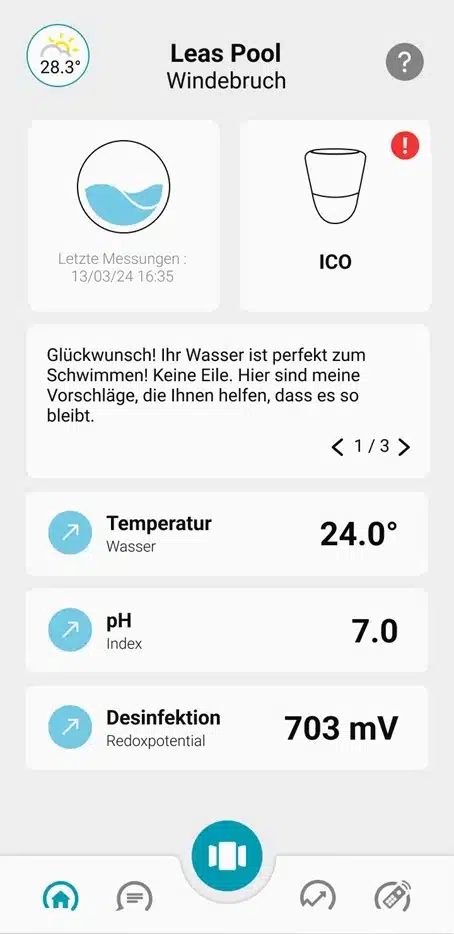 Das Dashboard der ICO-Anwendung, das Ihnen insbesondere Zugang zum Badeindex Ihres Teichs bietet. Um zu den Einstellungen der Anwendung zu gelangen, klicken Sie einfach auf das Symbol in der Mitte des unteren Bildschirmrands