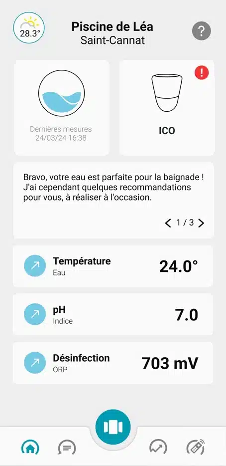 Tableau de bord de l'application ICO, vous donnant notamment accès à l'indice de baignade de votre bassin.